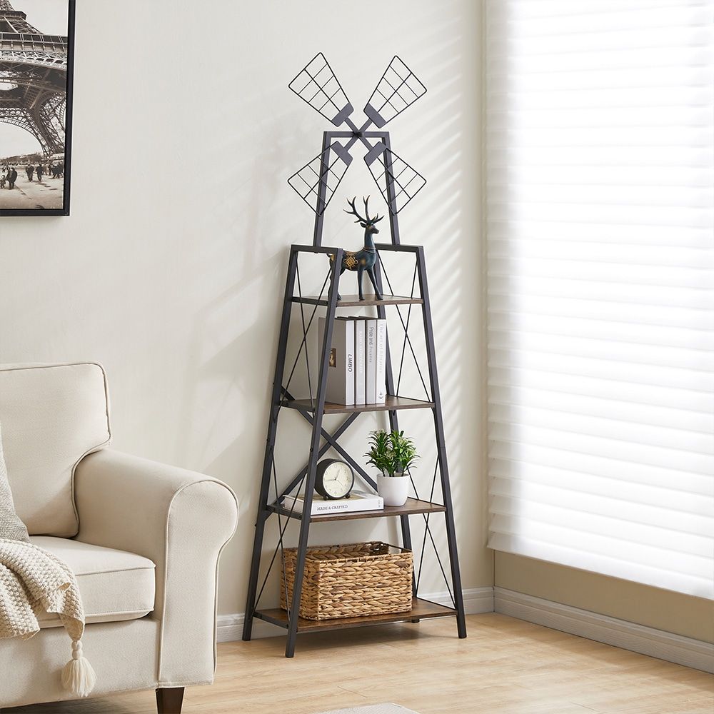 4-Tier Bookshelf with Windmill Metal Frame Display Storage Shelves Bookcase Organizer for Living Room & Home Office