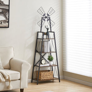 4-Tier Bookshelf with Windmill Metal Frame Display Storage Shelves Bookcase Organizer for Living Room & Home Office