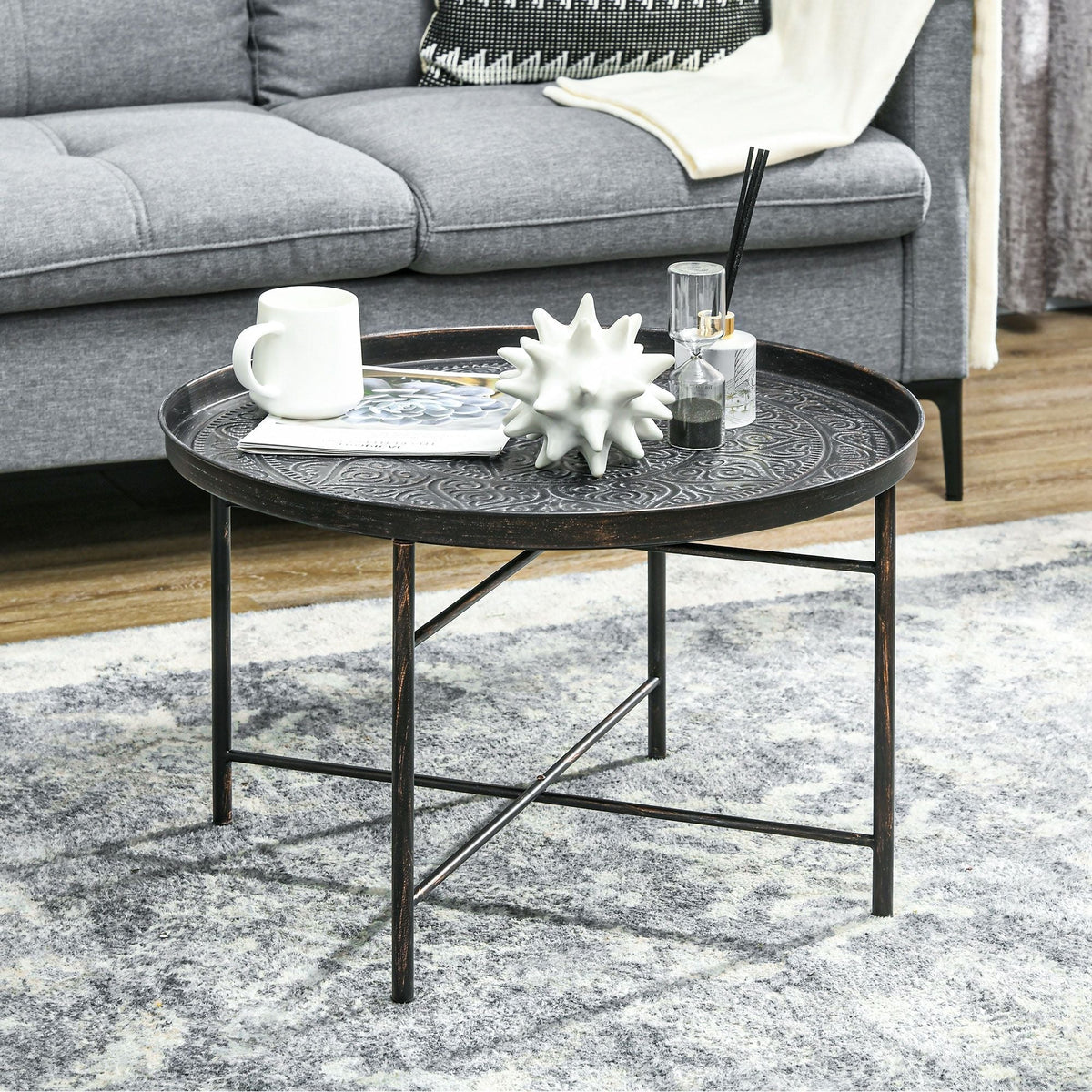 24\" Round Hammered Tray Top Coffee Table with Metal Frame Cafe Table for Living Room and Bedroom in Pewter