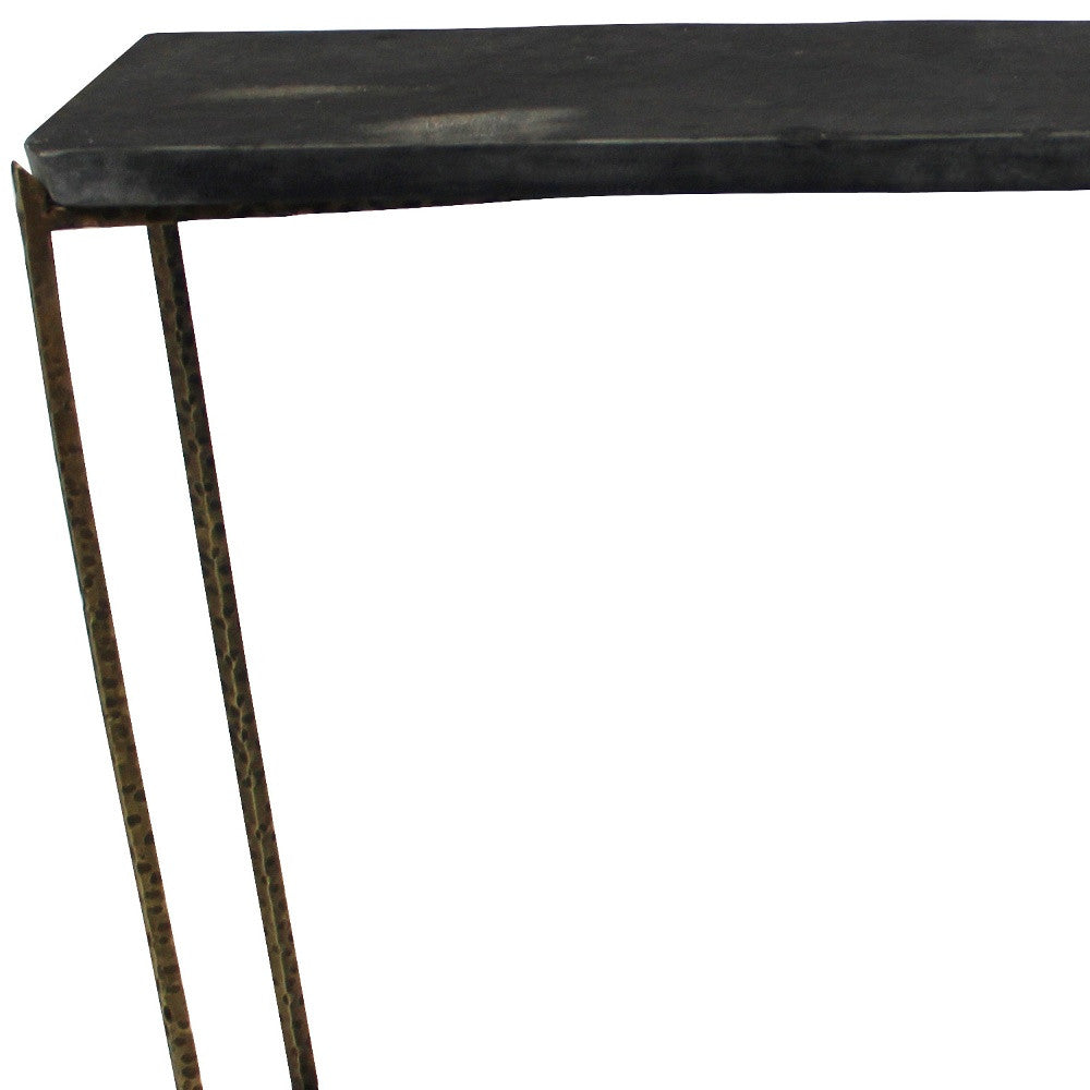 HMS 48\" Rustic End Table Black Gold Stone Frame Console for Living Room Bedroom Hotel Accent Wood Glass for Decorative Use