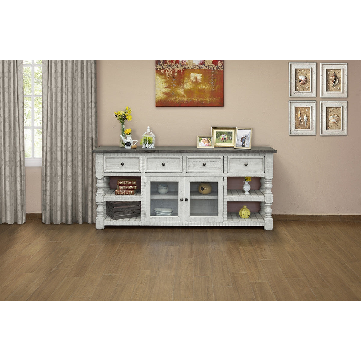 HMS 81 Ivory Solid Wood Open Shelving Distressed TV Stand Handcrafted with Distinctive Distress Finish