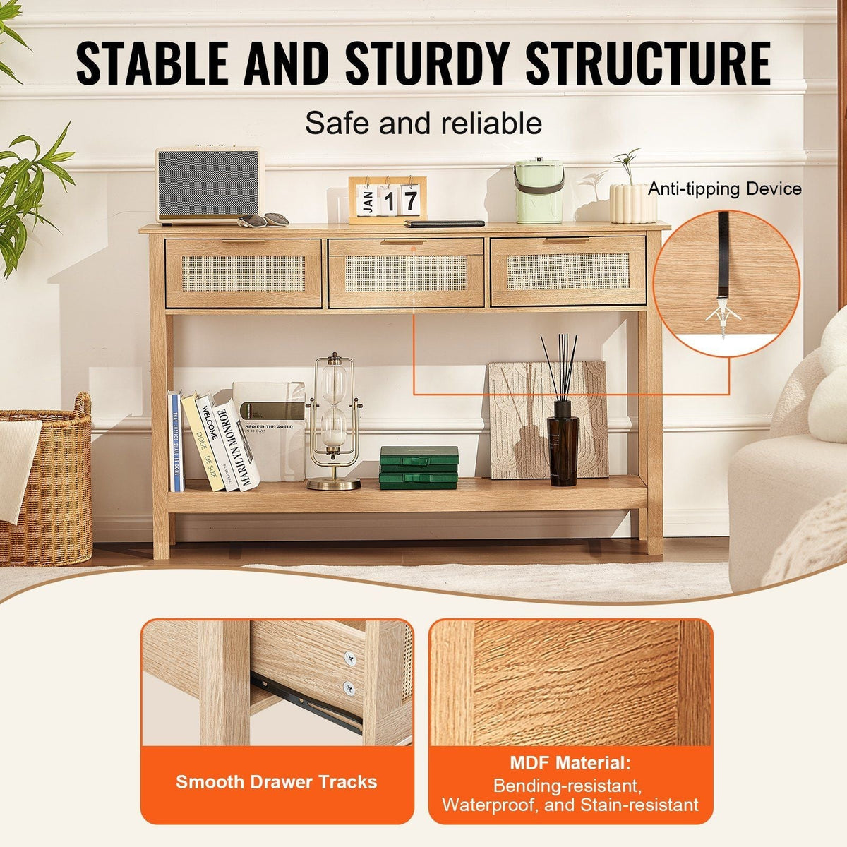 Natural Rattan Console Table with 3 Sliding Storage Drawers