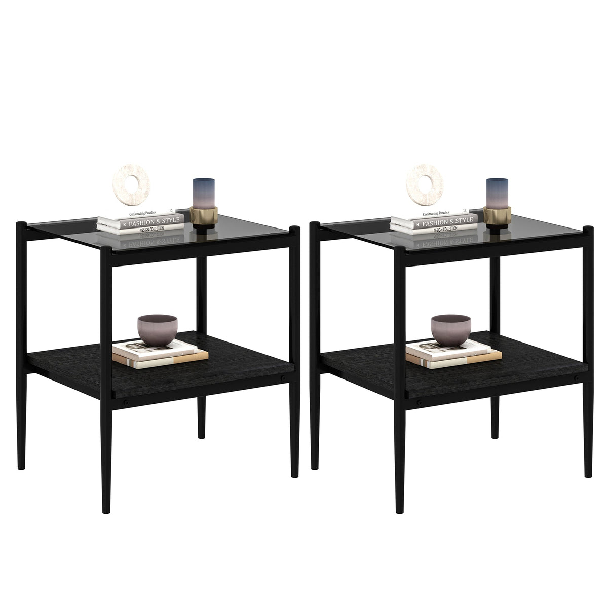 Set of 2  Living Room Table Set Color Glass Side Table with Simple Design  2 Layers Corner Table