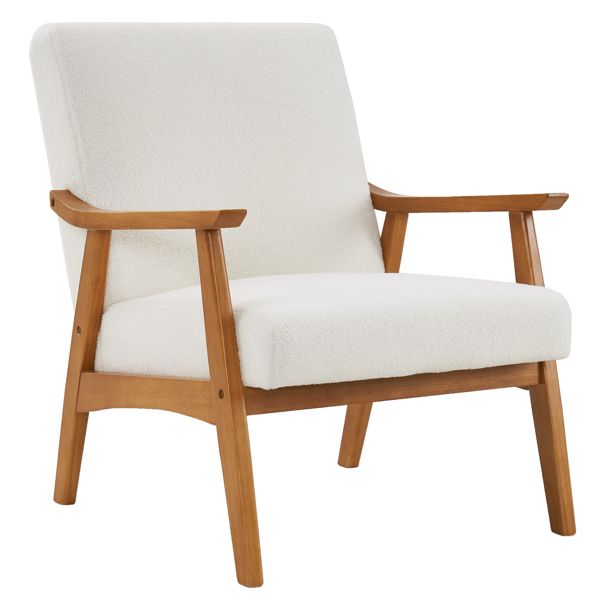 Solid Wood Single Indoor Lounge Chair with Creamy-White Teddy Velvet Armrest and Backrest