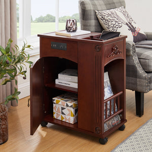 Powered Traditional End Table with Charging Station, Narrow Side Table with USB Ports and Outlets, Nightstand with Storage