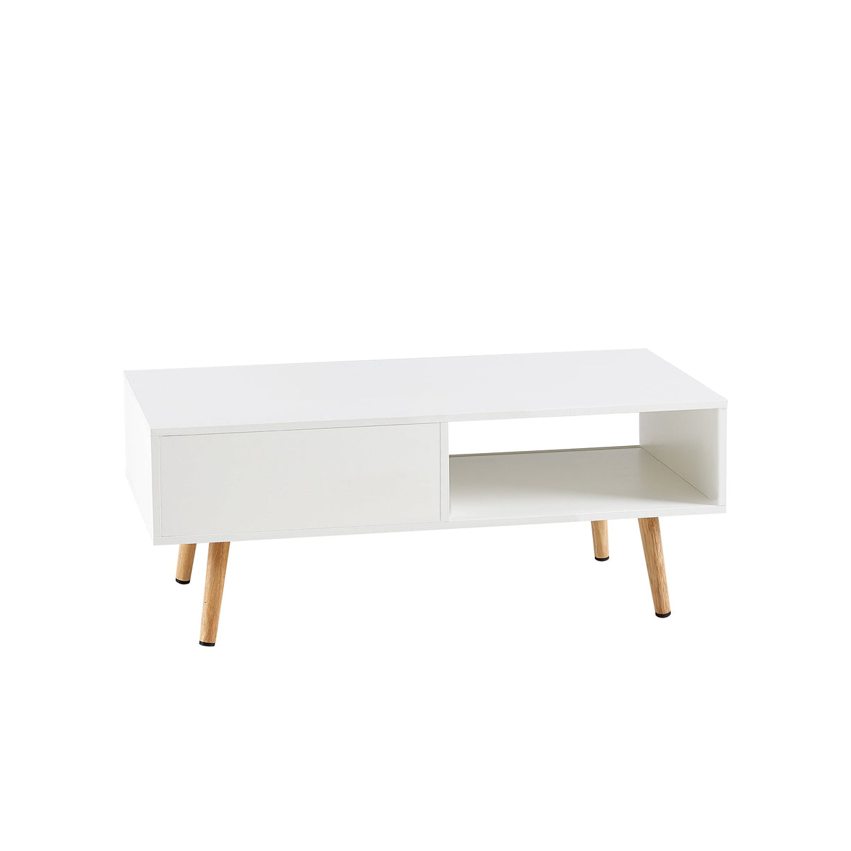 Natural Rattan Coffee  Mid-Century Center Table for Small Space Table with Sliding Doors & Open Storage Shelf