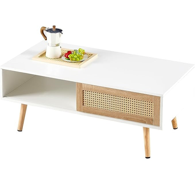 Natural Rattan Coffee  Mid-Century Center Table for Small Space Table with Sliding Doors & Open Storage Shelf