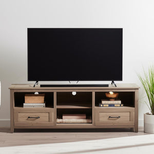 HMS 70 Modern Minimalist Gray Wood Enclosed and Open Storage LED TV Stand for Farmhouse Living Room Cabinet