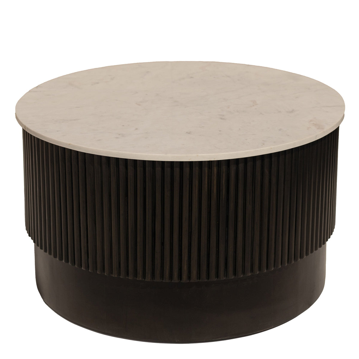 HMS 31\" White and Dark Brown Genuine Marble Drum Coffee Table with Solid Wood Round Design