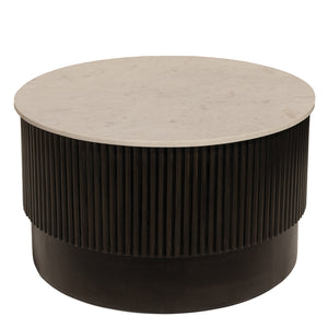 HMS 31\" White and Dark Brown Genuine Marble Drum Coffee Table with Solid Wood Round Design