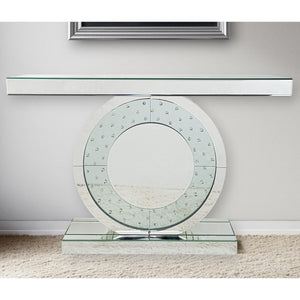 HMS 47\" Contemporary Luxury Silver Mirrored Glass Pedestal Console Table Convertible for Entry Living Room Hotel Bedroom LED