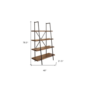 HMS 79 Four Tier Step Bookcase in Black and Brown Solid Wood and Metal Bookcase