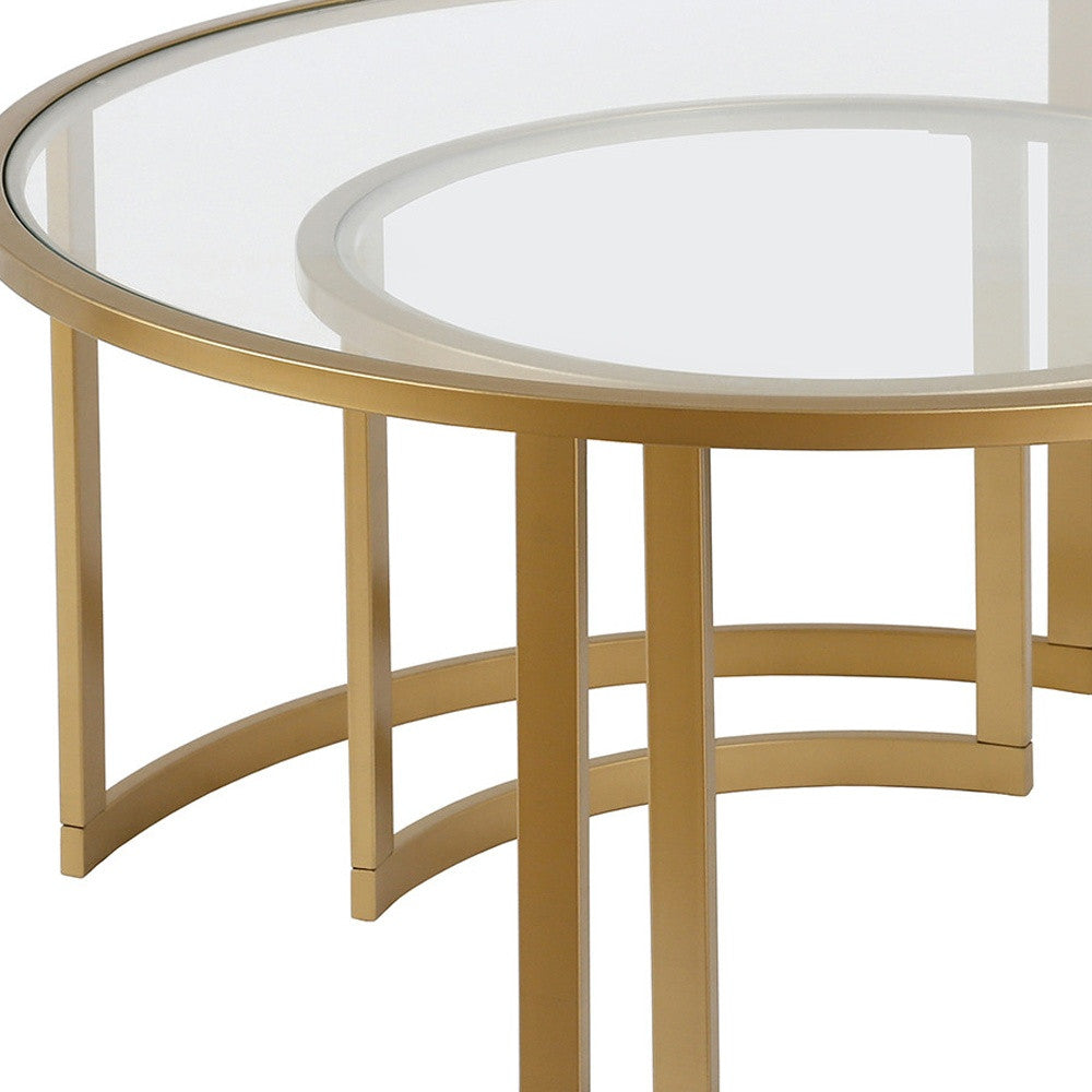 Set of Two Round Gold Glass and Steel Nested Coffee Tables HMS Style