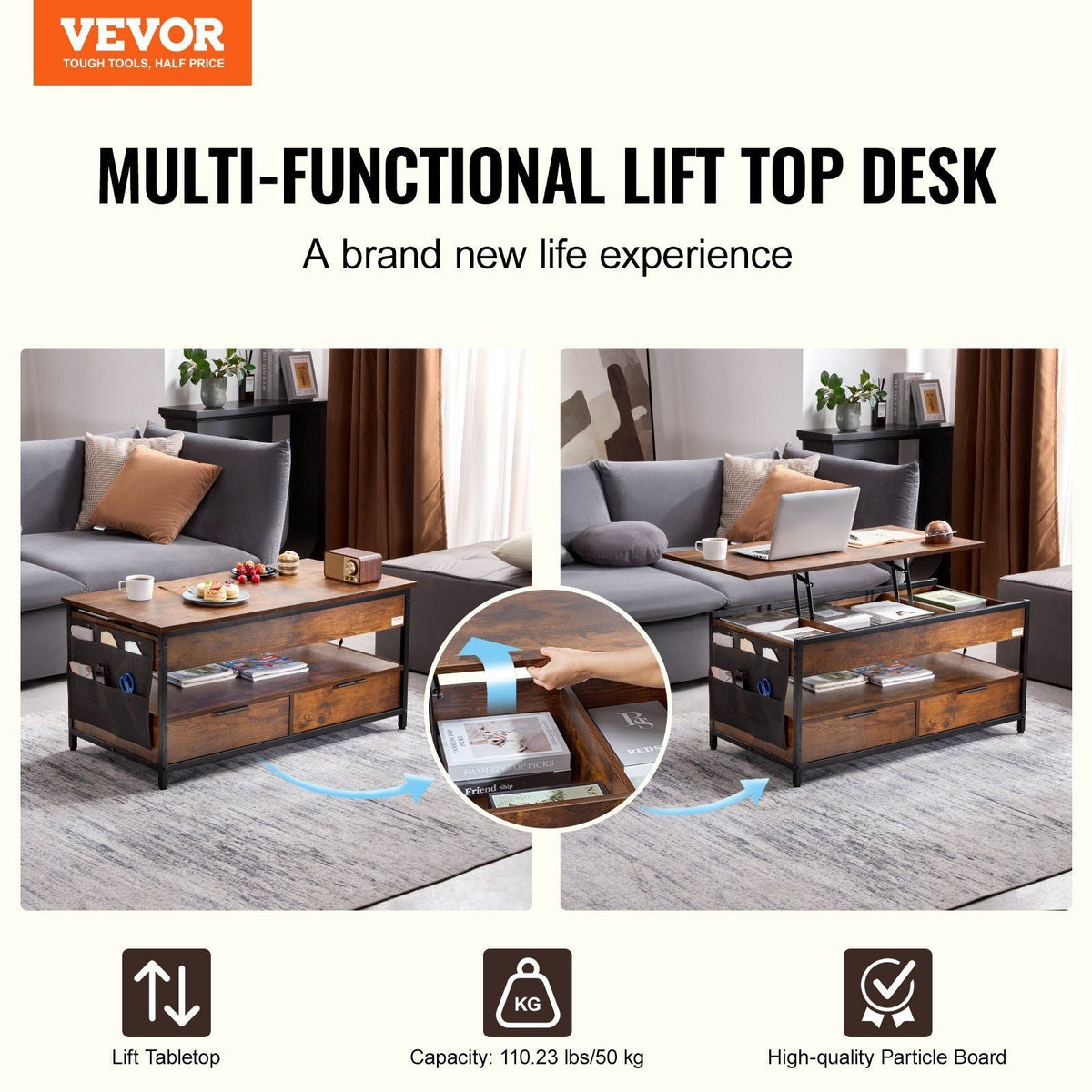 39.4\" Rectangle Lift Top Coffee Table with Light & USB Port Brown