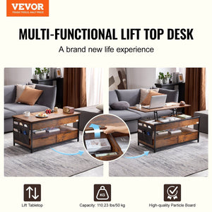 39.4\" Rectangle Lift Top Coffee Table with Light & USB Port Brown