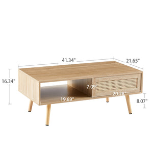 41.34" Rattan Coffee Table Sliding Door for Storage Solid Wood Legs Modern Table for Living Room Natural