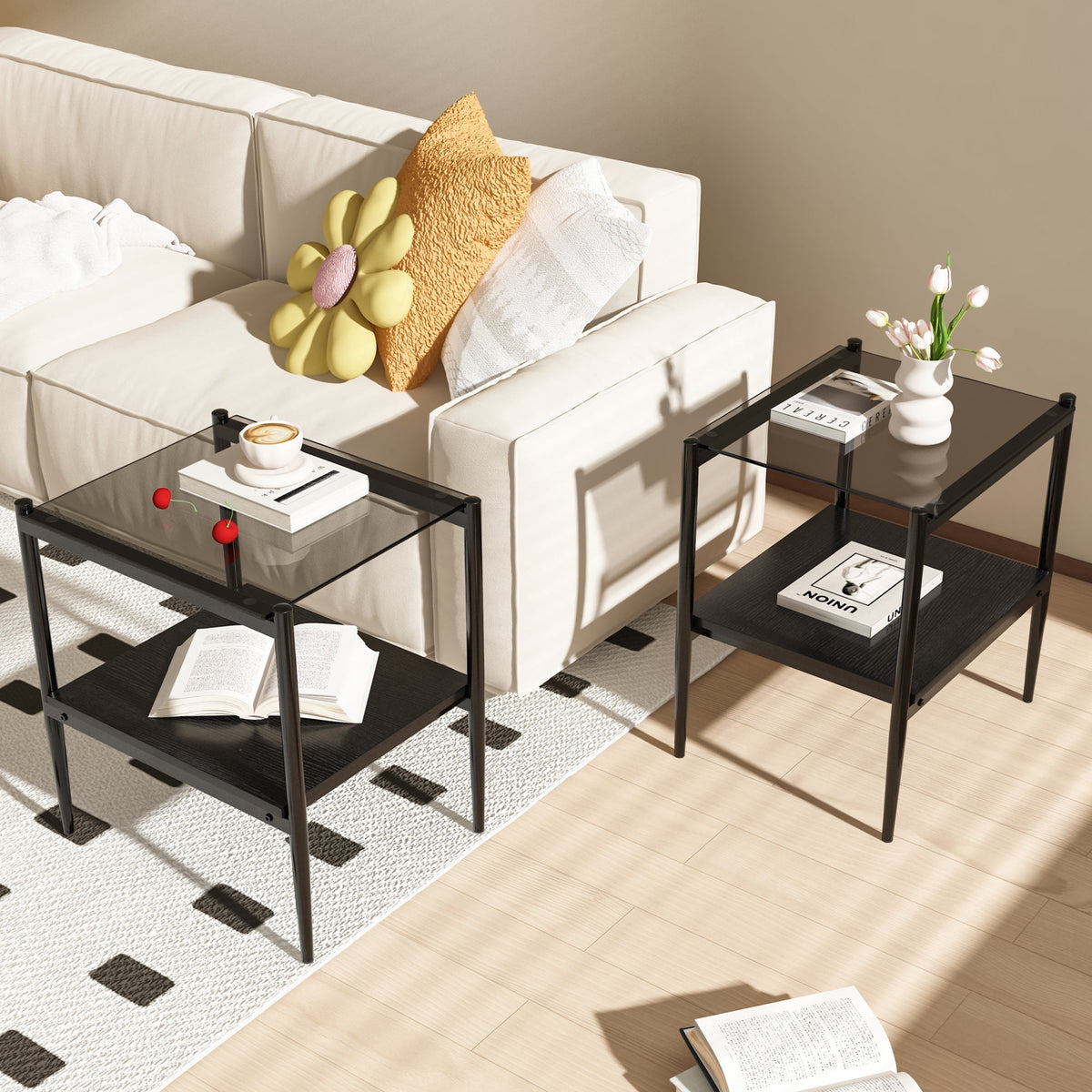 Set of 2  Living Room Table Set Color Glass Side Table with Simple Design  2 Layers Corner Table