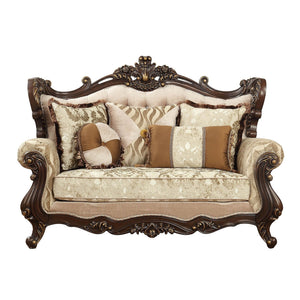 HMS 70 Beige and Brown Chesterfield Loveseat Set Genuine Leather 2-Seater with Toss Pillows for Living Room