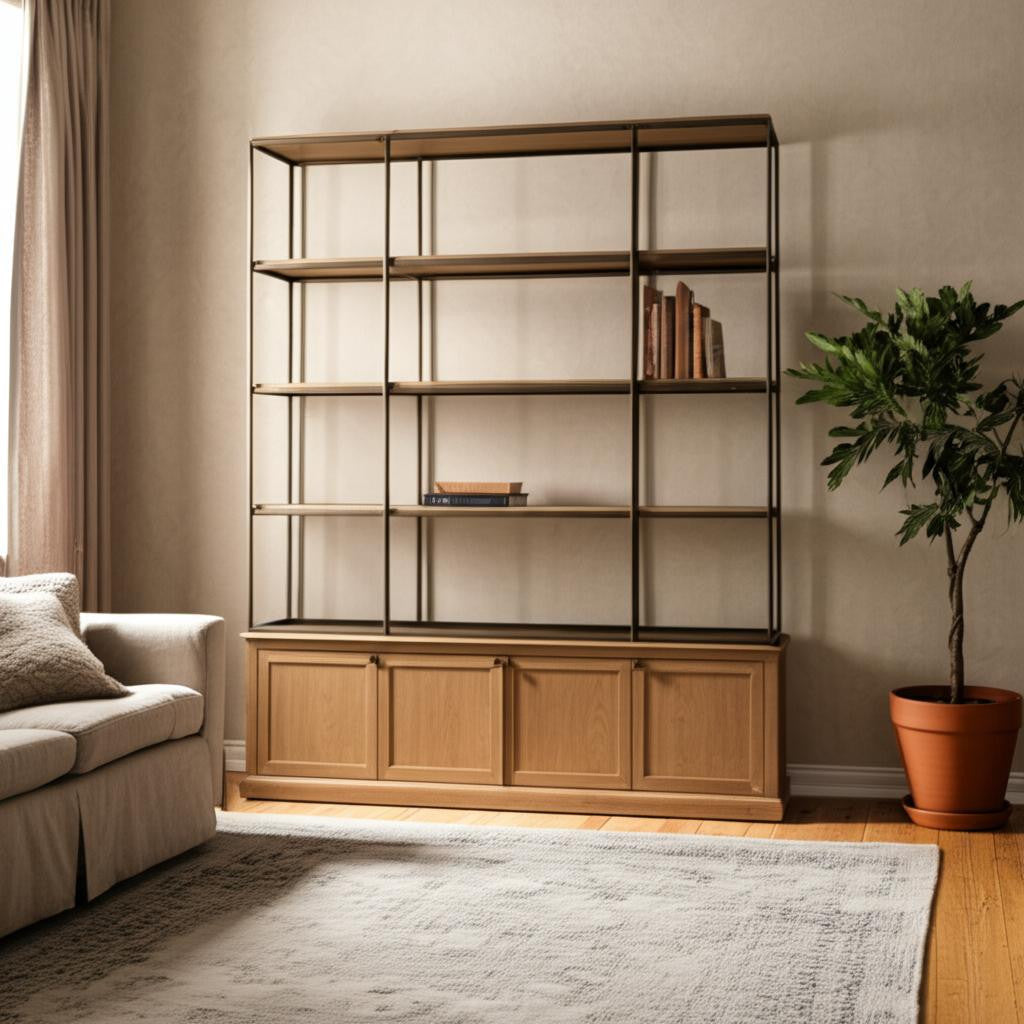 HMS 82 Antiqued Brass and Light Brown Distressed Metal Solid Wood Three-Tier Bookcase with Four Doors