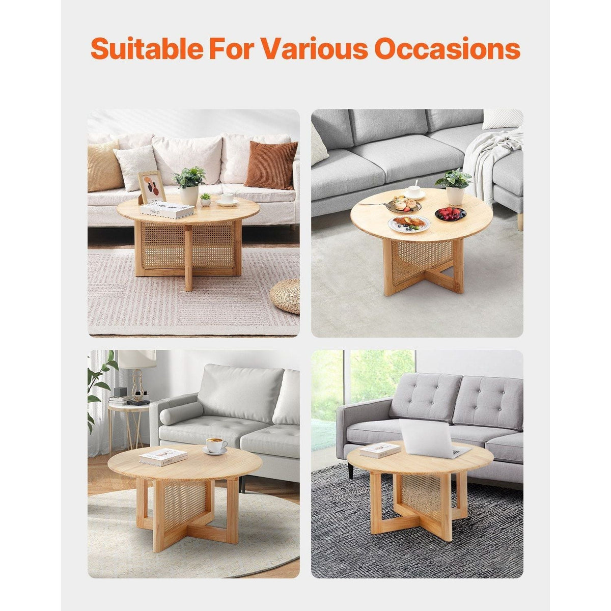 Single Tier Round Wood and Rattan Coffee Table for Living Room