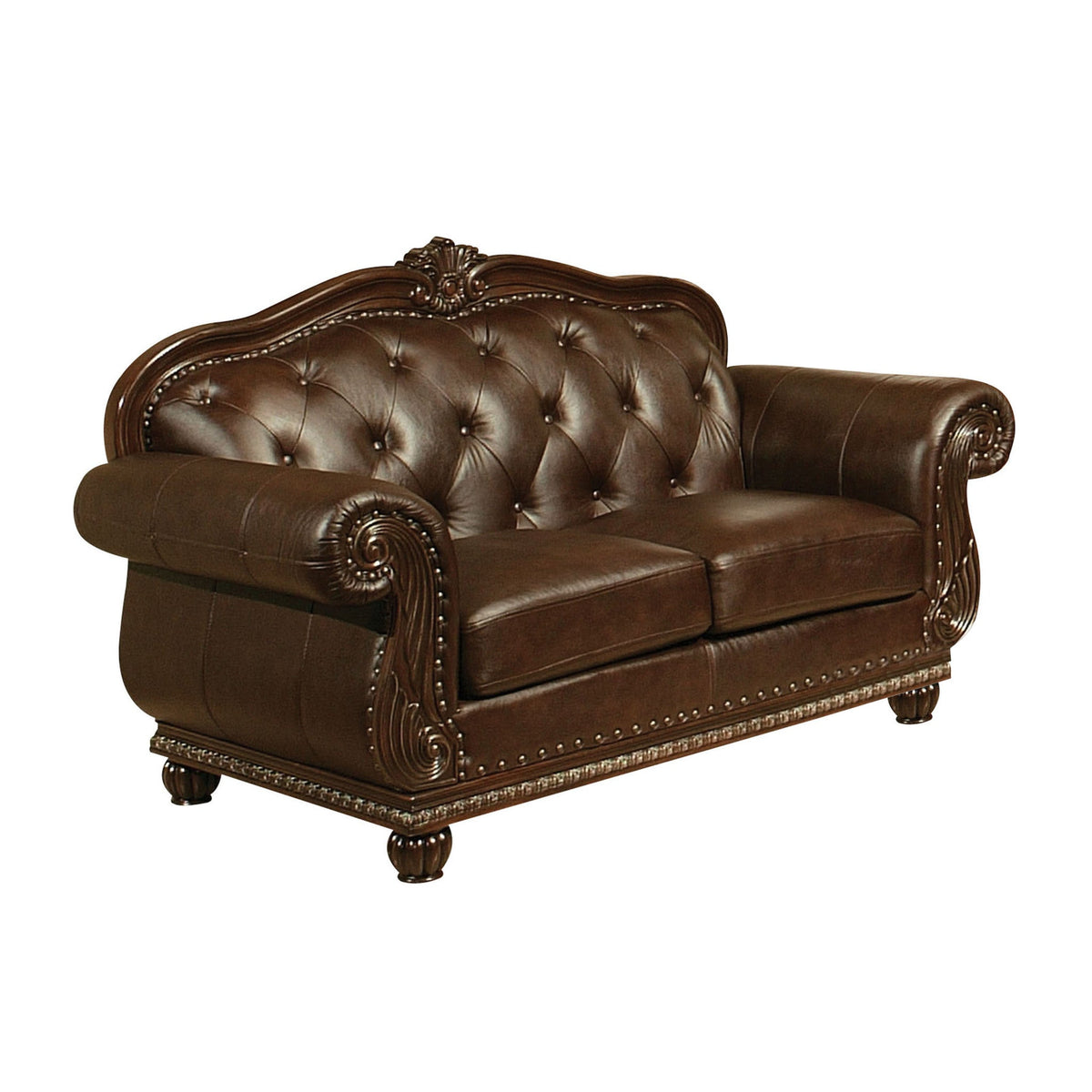 HMS 70 Espresso Faux Leather and Black Nailhead Love Seat Stylish Living Room Chair