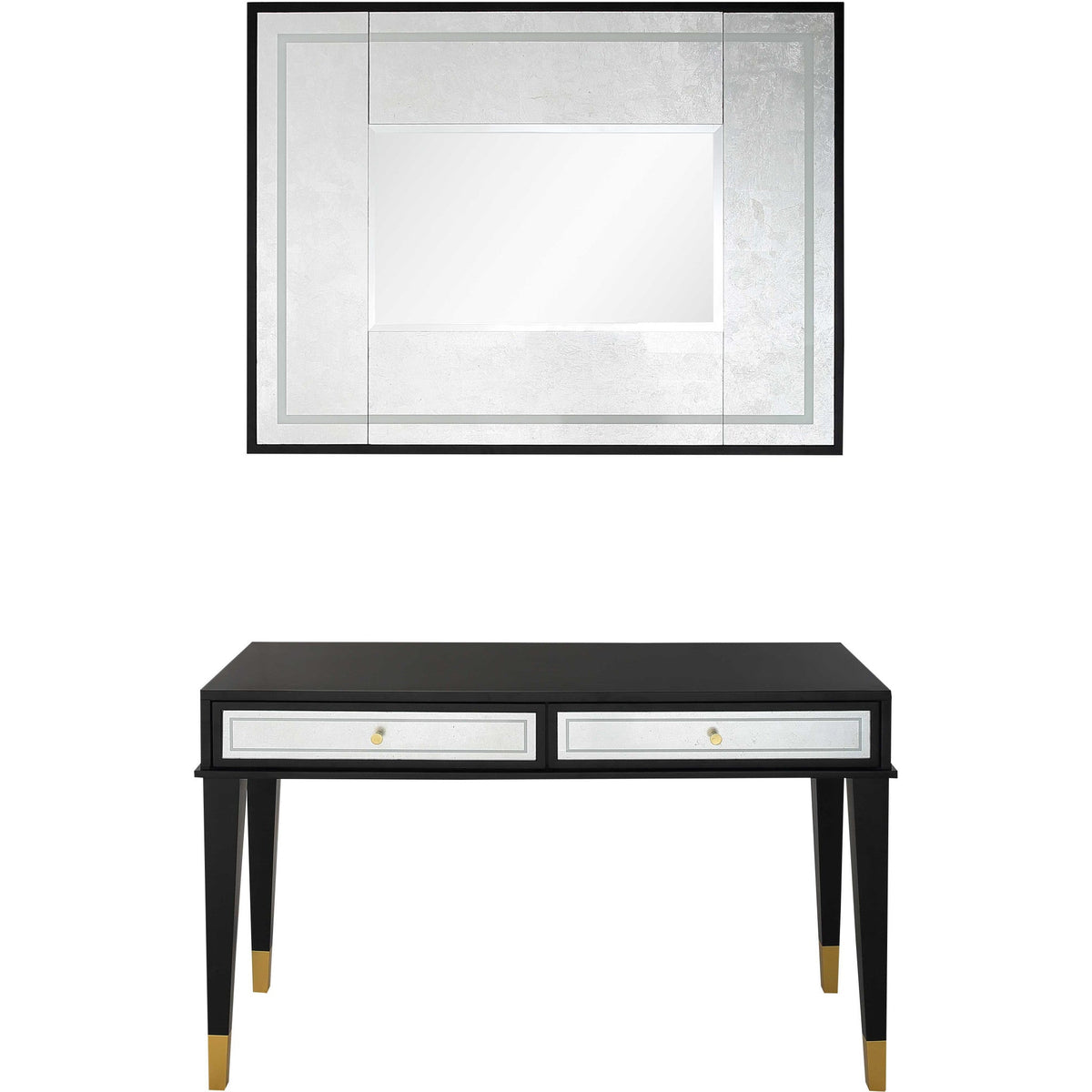 HMS 47\" Black and Silver Mirrored Wood and Glass Console Table with Two Drawers