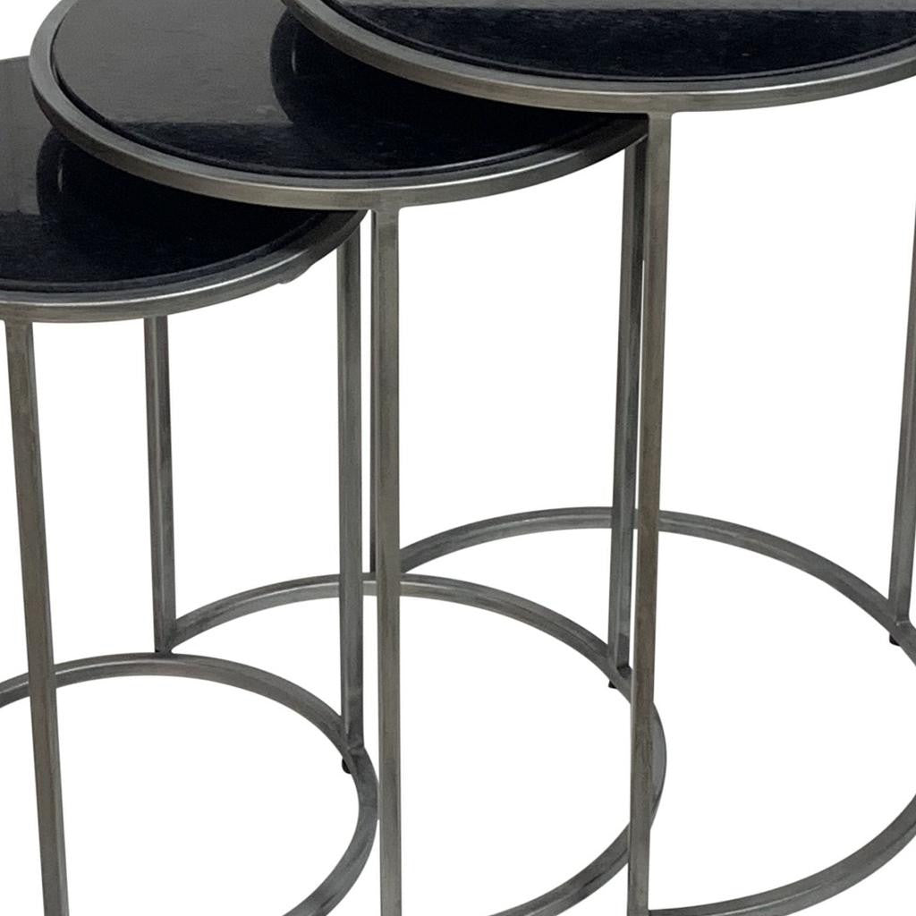 Set of Three Black and Gray Marble Nested Tables with Iron Round Frames for Living Room