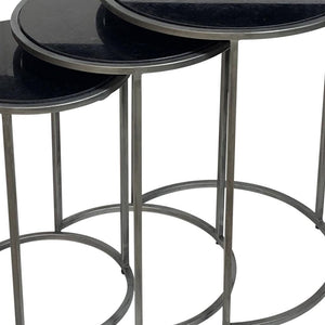 Set of Three Black and Gray Marble Nested Tables with Iron Round Frames for Living Room