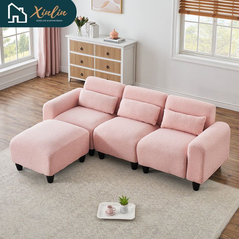Modern 84.6-inch Beige Teddy Fleece Sofa Creatively Assembled Into a Two-Seater with Single Couch From American Warehouse