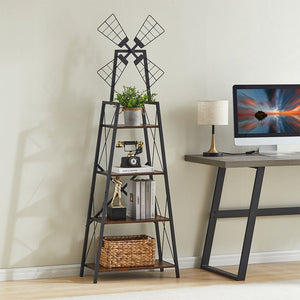 4-Tier Bookshelf with Windmill Metal Frame Display Storage Shelves Bookcase Organizer for Living Room & Home Office