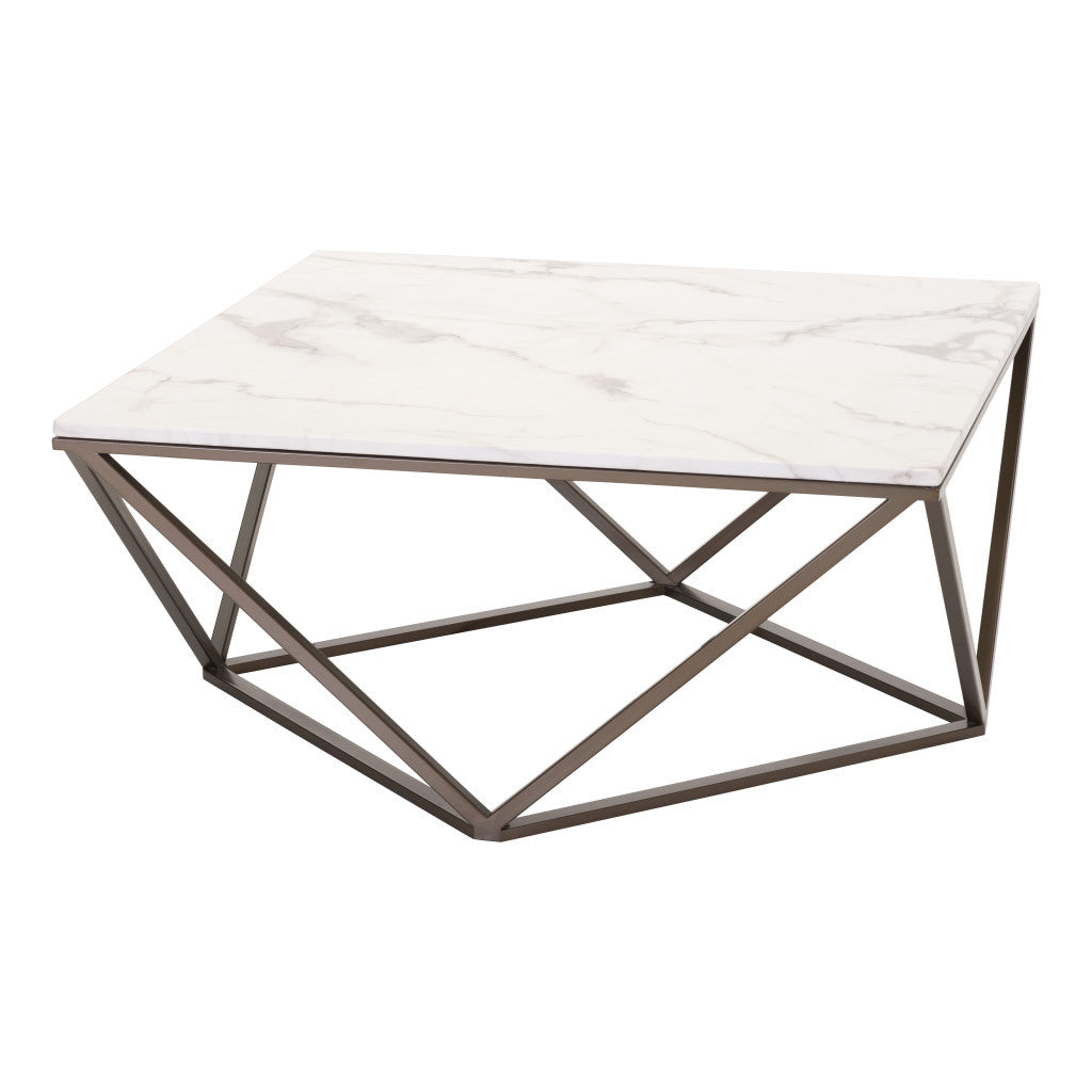 HMS 36\" White and Antiqued Brass Faux Marble and Steel Square Abstract Coffee Table
