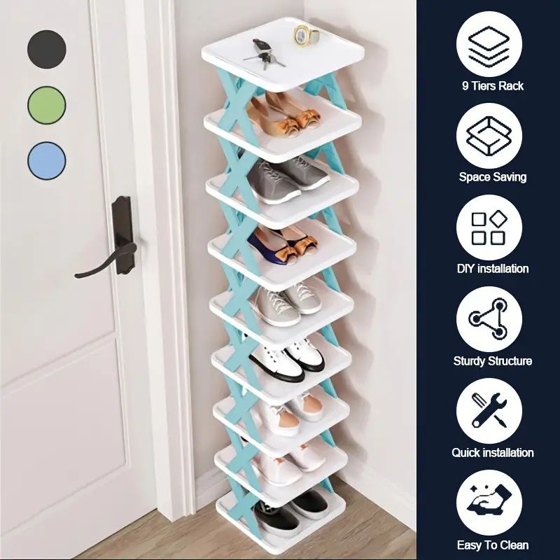 9-Layer High Narrow Entrance Shoe Rack Space-Saving Vertical Plastic Stackable Shoe Rack for Wardrobe for 9 Pairs Shoes for Chri