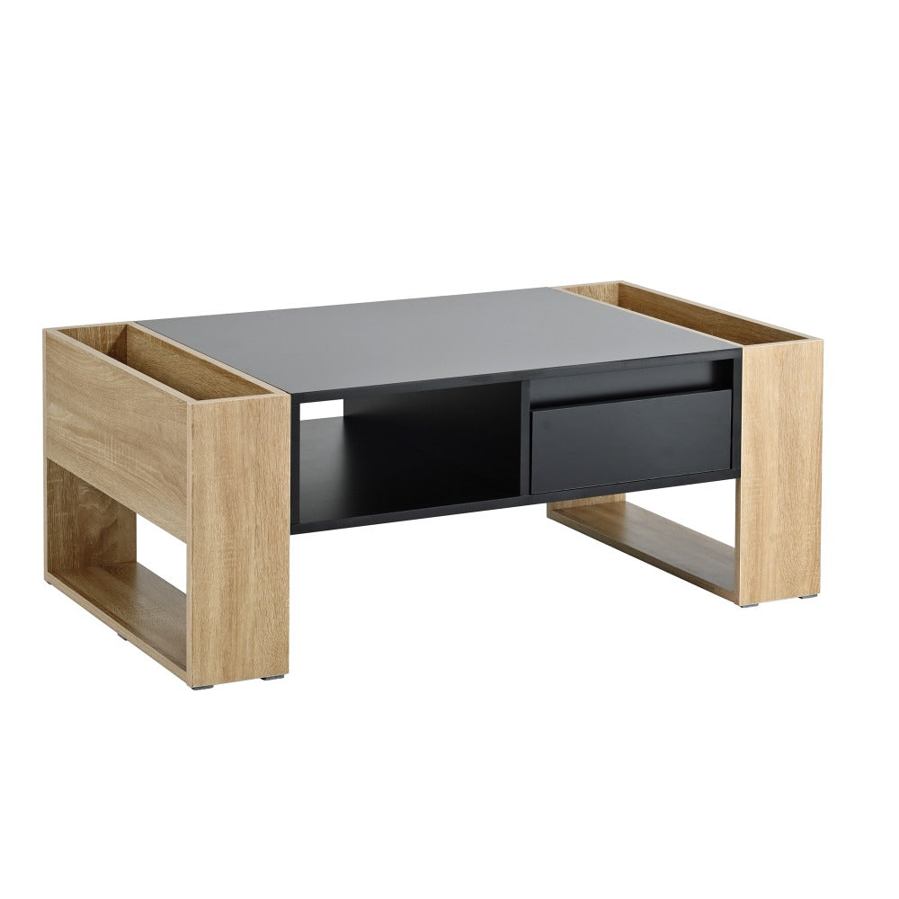 High Glossy Coffee Table with 2 Drawers, Practical Two Tone Center Table with Hidden Compartments, Rectangle Cocktail Table