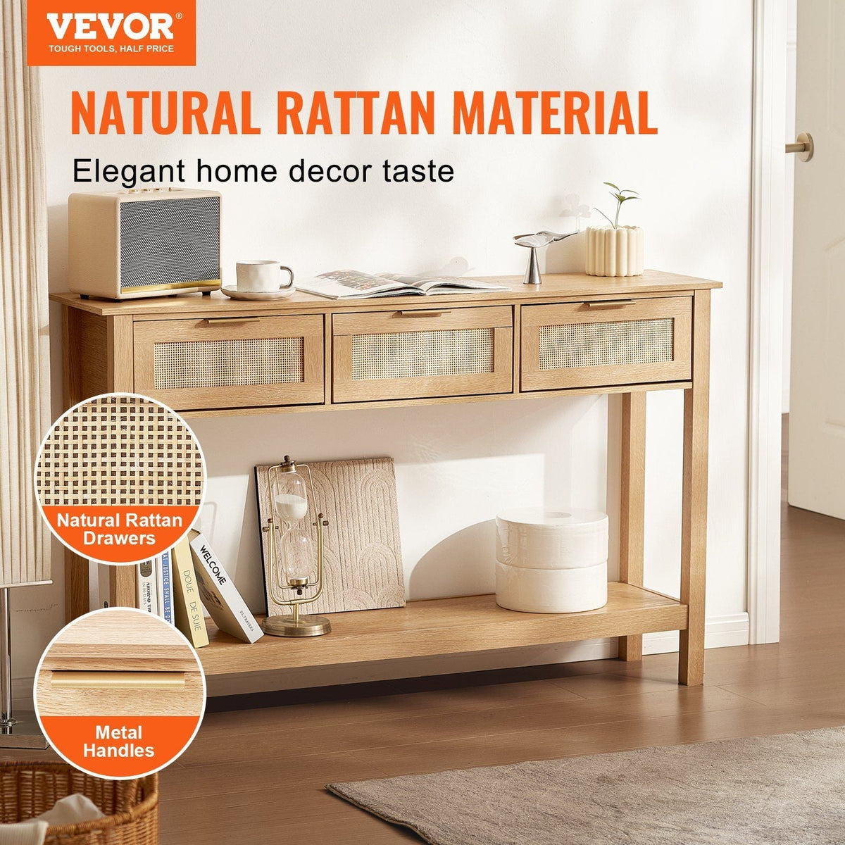 Natural Rattan Console Table with 3 Sliding Storage Drawers