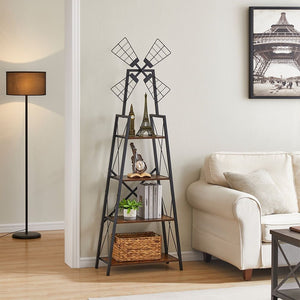 4-Tier Bookshelf with Windmill Metal Frame Display Storage Shelves Bookcase Organizer for Living Room & Home Office