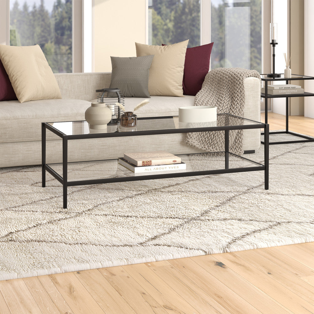 HMS 54\" Modern Simple Living Room Furniture Black Tempered Glass and Steel Coffee Table with Shelf Farmhouse Style
