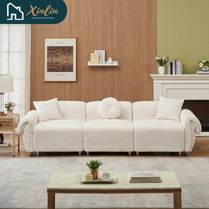 Free Shipping Modern 112-Inch Orange Teddy Velvet Fabric with 3 Wooden Pillows for Three-Seat Sofa in Living Room