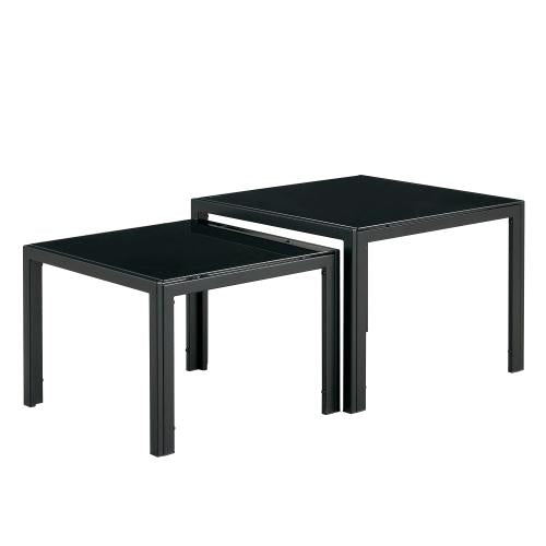 Modern Square Nesting Coffee Table Set of 2 Easy-to-assemble Mango Material with Tempered Glass Finish for Living Room Black