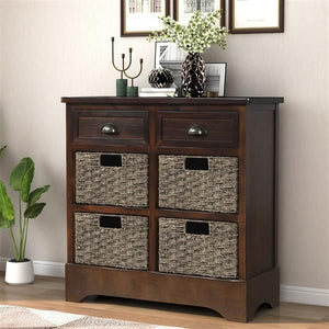 Espresso Rustic Dining/Living Room Storage Cabinet with Two Drawers and Four Classic Rattan Baskets