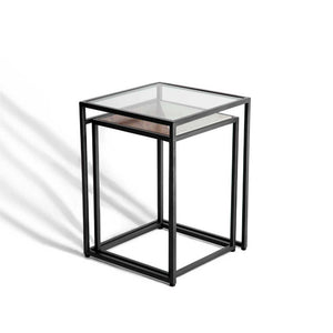Set of Two Clear and Black Glass Nested Tables with Square Metal Frame HMS Coffee Tables