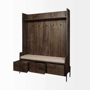 HMS Modern Cream Fabric Wrapped Seat Hall Tree Brown Wood Coat Rack with Storage for Home Living Room or Bedroom Furniture