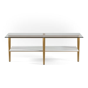HMS 47\" Gold Tempered Glass and Steel Coffee Table with Shelf Living Room Furniture for Entry Sintered Stone Material
