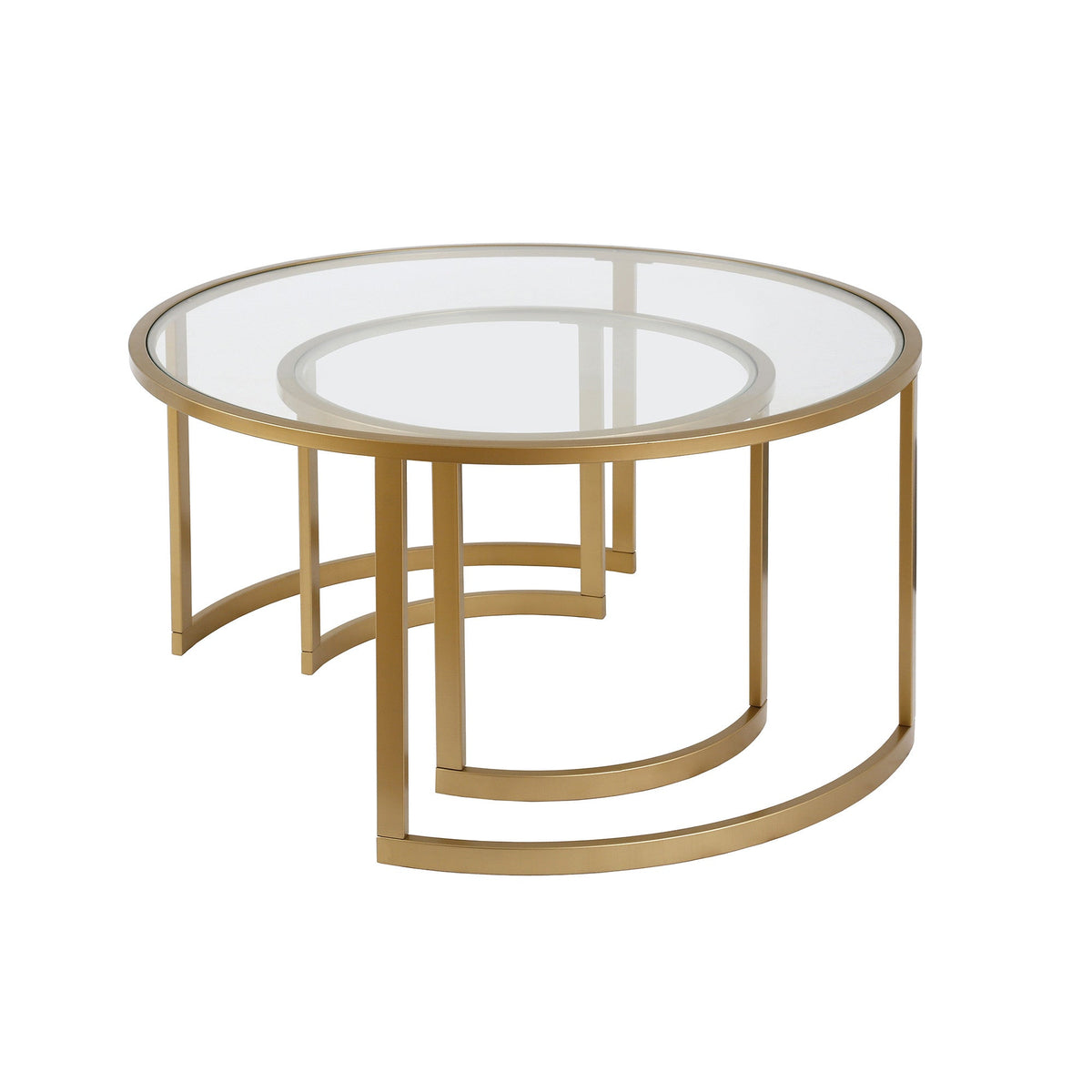 Set of Two Round Gold Glass and Steel Nested Coffee Tables HMS Style