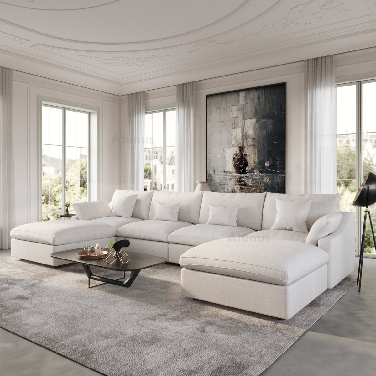 ATUNUS USA in Stock Drop Shipping Chenille Linen Mix Fabric Living Room Nordic Cloud White Modular Sectional Couch Sofa Set