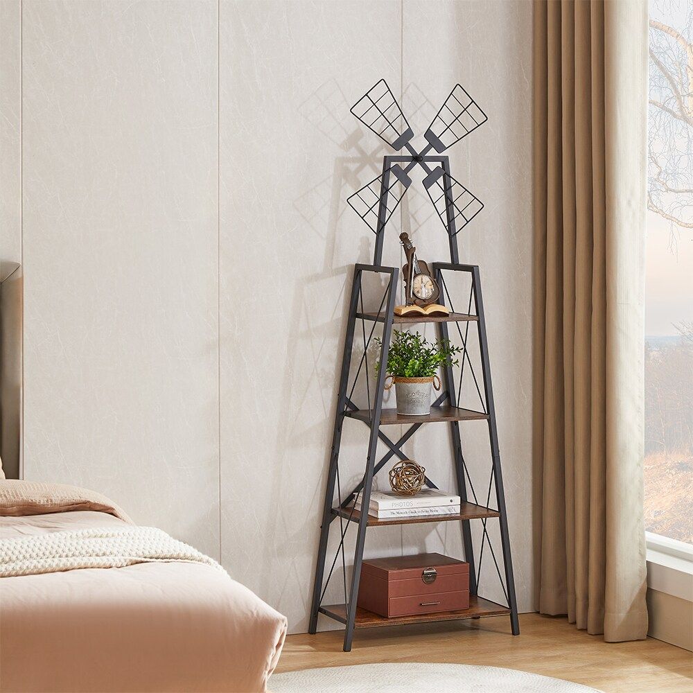 4-Tier Bookshelf with Windmill Metal Frame Display Storage Shelves Bookcase Organizer for Living Room & Home Office