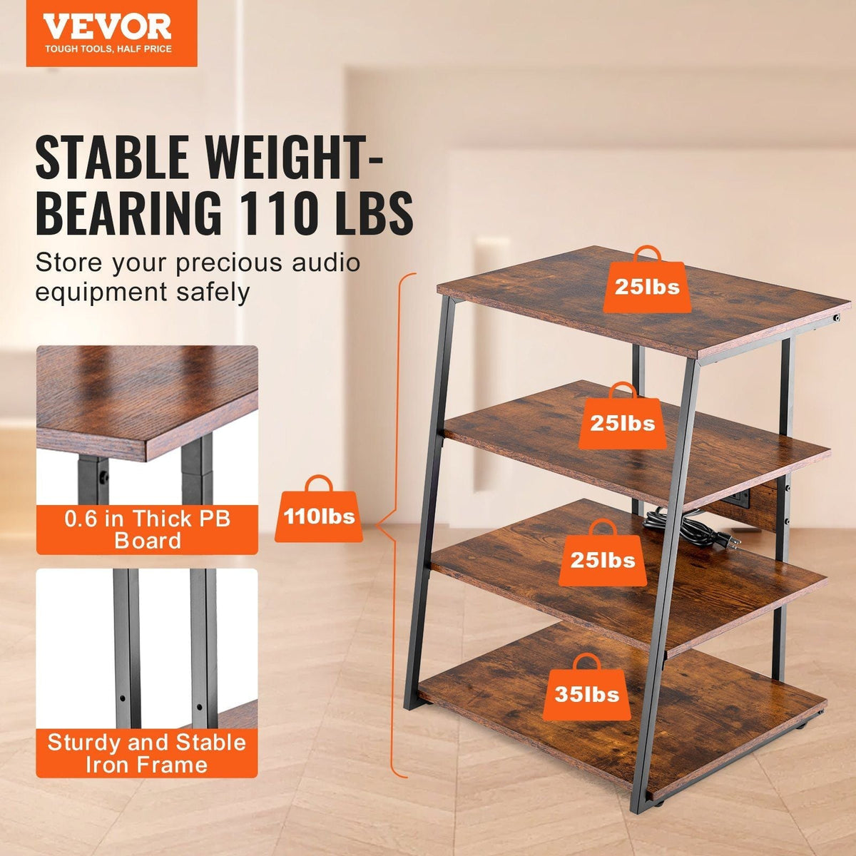 4-Tier Brown Wooden Shelves Corner TV Stand LED Lights Height Adjustable AV Media Stand for DVD Players Cable Boxes Games