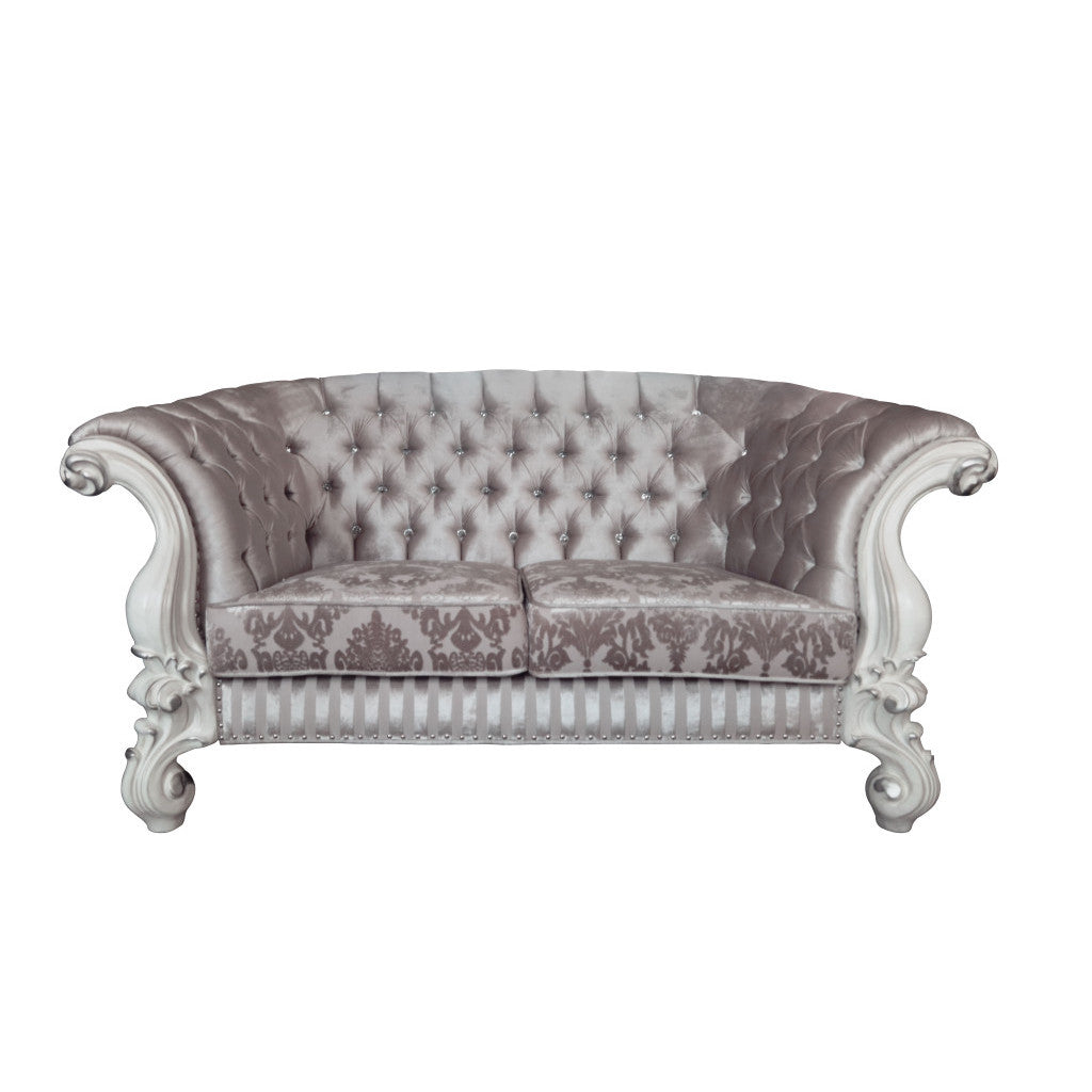 HMS 76 Ivory and Off-White Velvet Chesterfield Sofa Loveseat Set 3-Seater Living Room Furniture with Toss Pillows