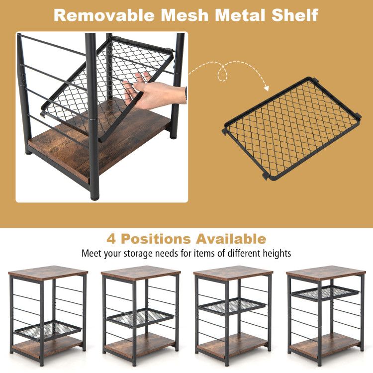 Adjustable 3-Tier Industrial Side Table with Mesh Shelf for Coffee Tables