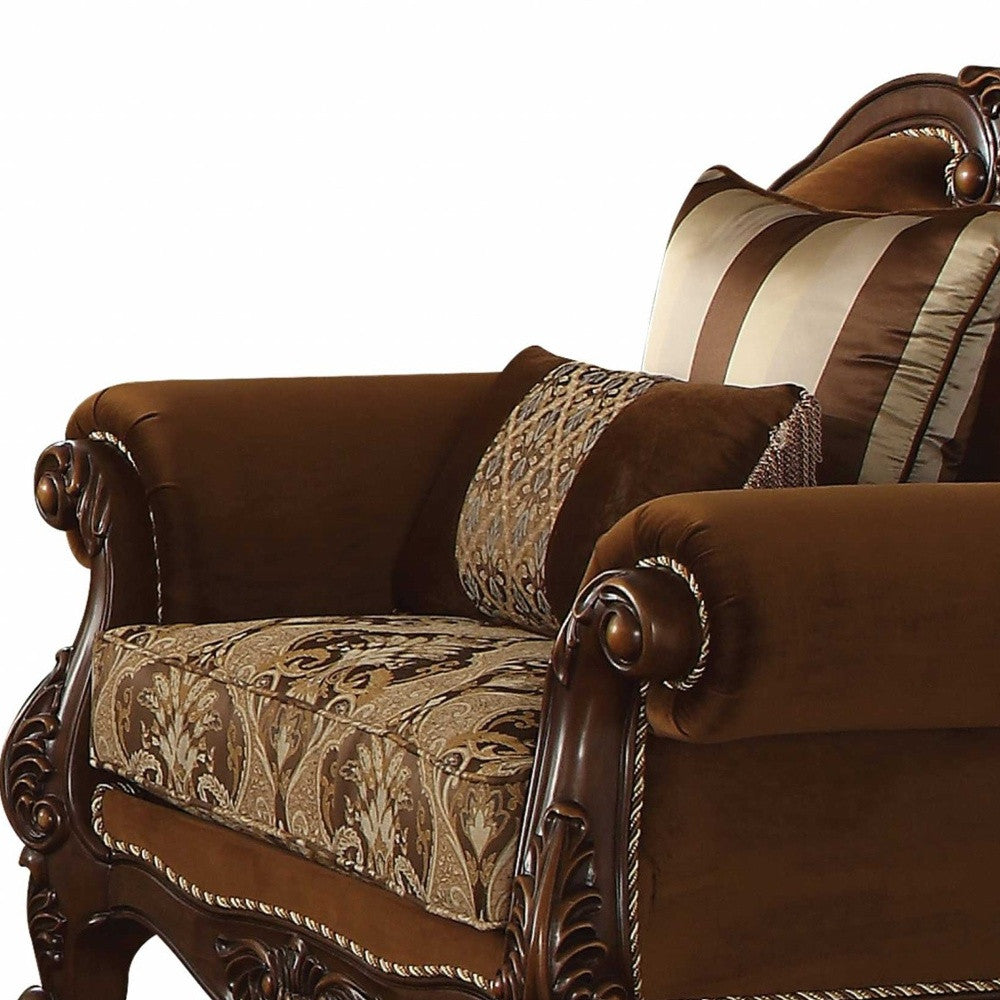 HMS 37\" Brown Velvet Floral Club Chair with Comforable Toss Pillows Accent Chair for Home Office Home Furniture