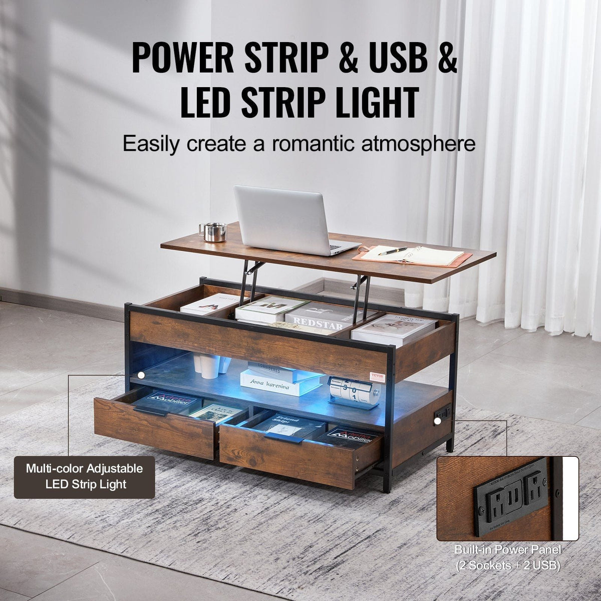 39.4\" Rectangle Lift Top Coffee Table with Light & USB Port Brown